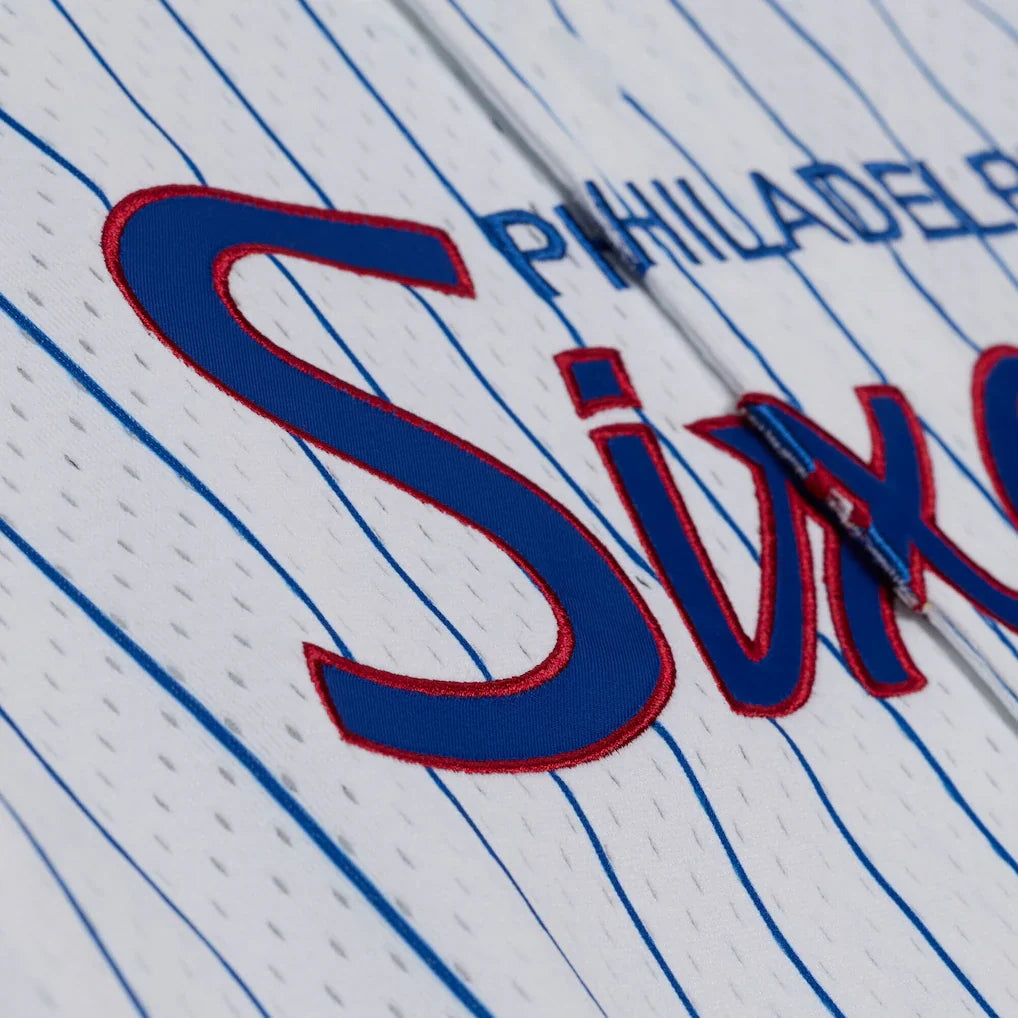 Philadelphia 76ers Mitchell & Ness Head Coach Pinstripe Mesh Full-Button Baseball Jersey - White