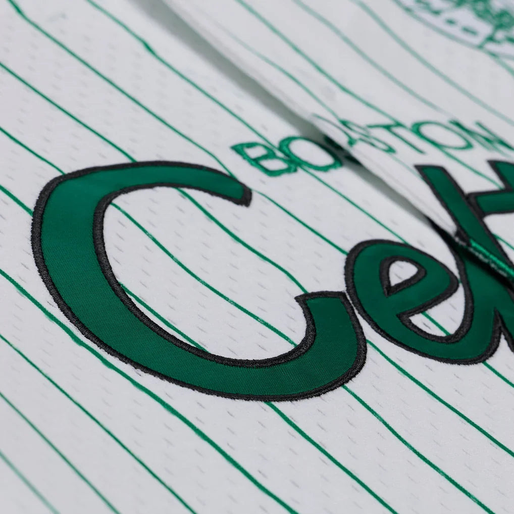 Boston Celtics Mitchell & Ness Head Coach Pinstripe Mesh Full-Button Baseball Jersey - White