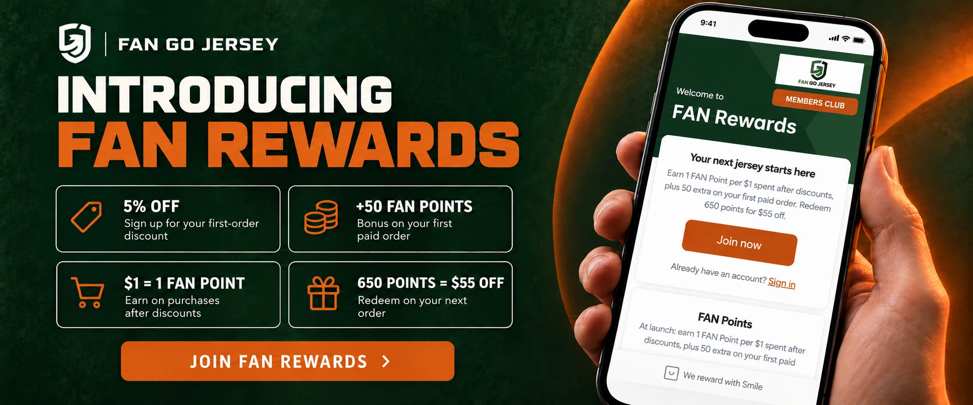 Introducing FAN Rewards: earn points on eligible purchases and unlock rewards at FAN GO JERSEY.